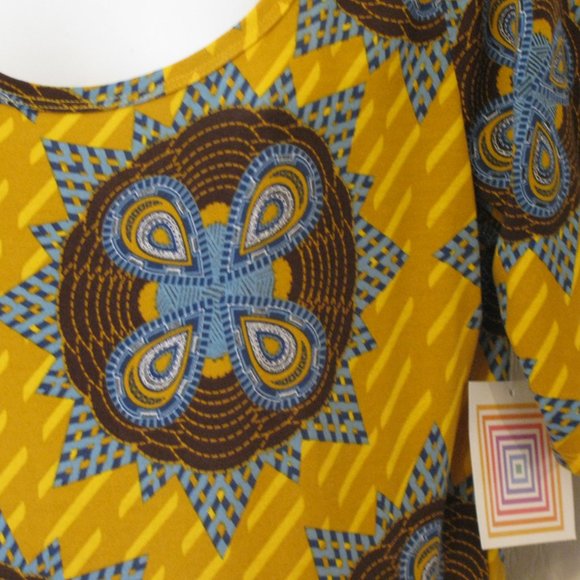 LuLaRoe Nicole Dress XL NWT $45 Mustard Brown & Blue Print Fit & Flare Full - Picture 3 of 4